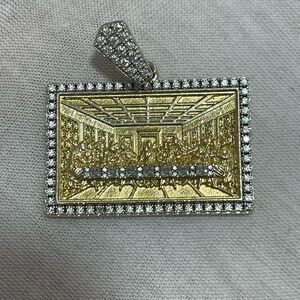 925 Silver Gold Plated Princess Moissanite Last Supper Frame Pendant 1.65ct READ